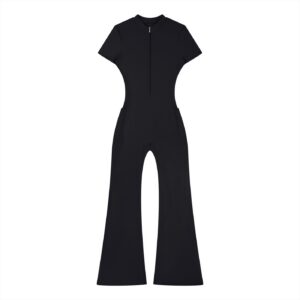 Flared Leg Quarter-Zip Jumpsuit - Black
